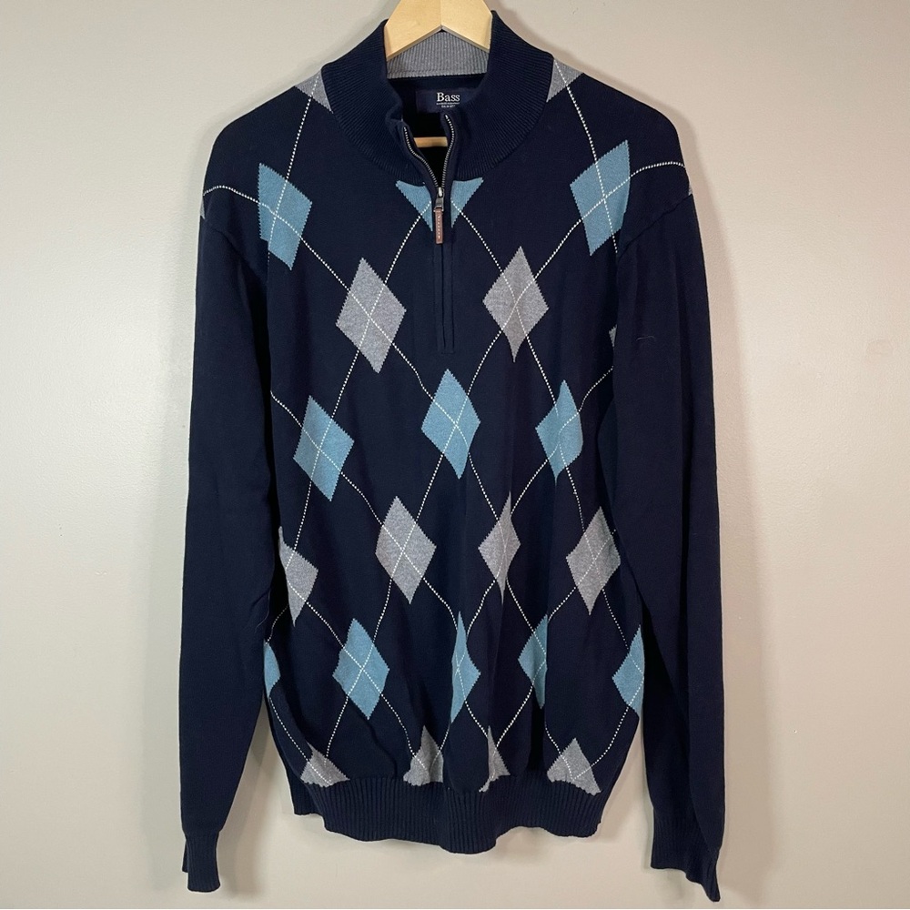 BASS Men's XL Navy Argyle 1/4 Zip Cotton Sweater Preppy Academia Golf‎ Dad EUC